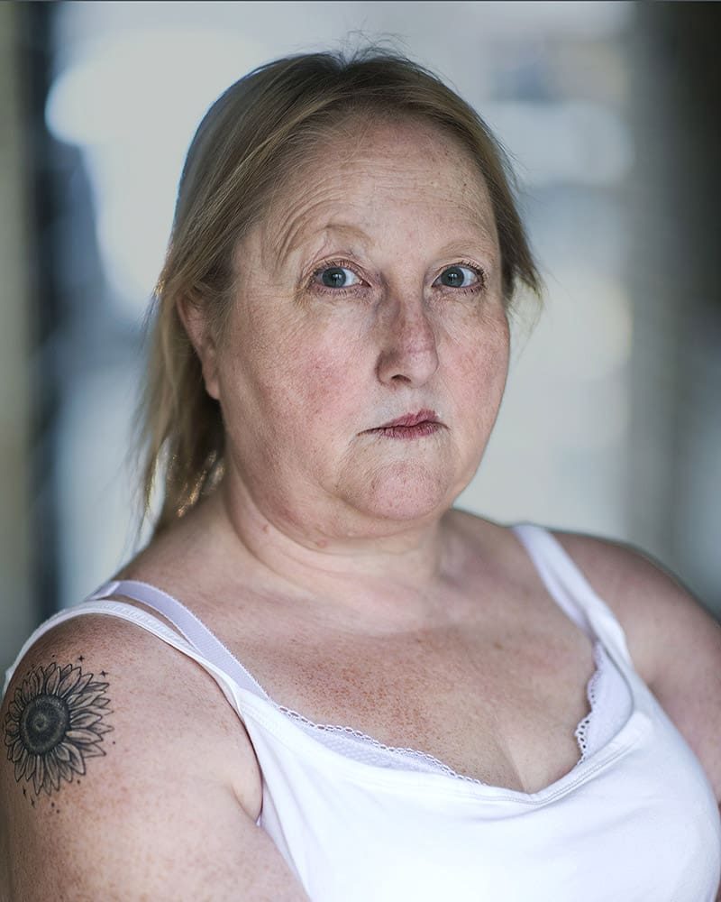 Serious character headshot outdoors of actress Sally Reeve